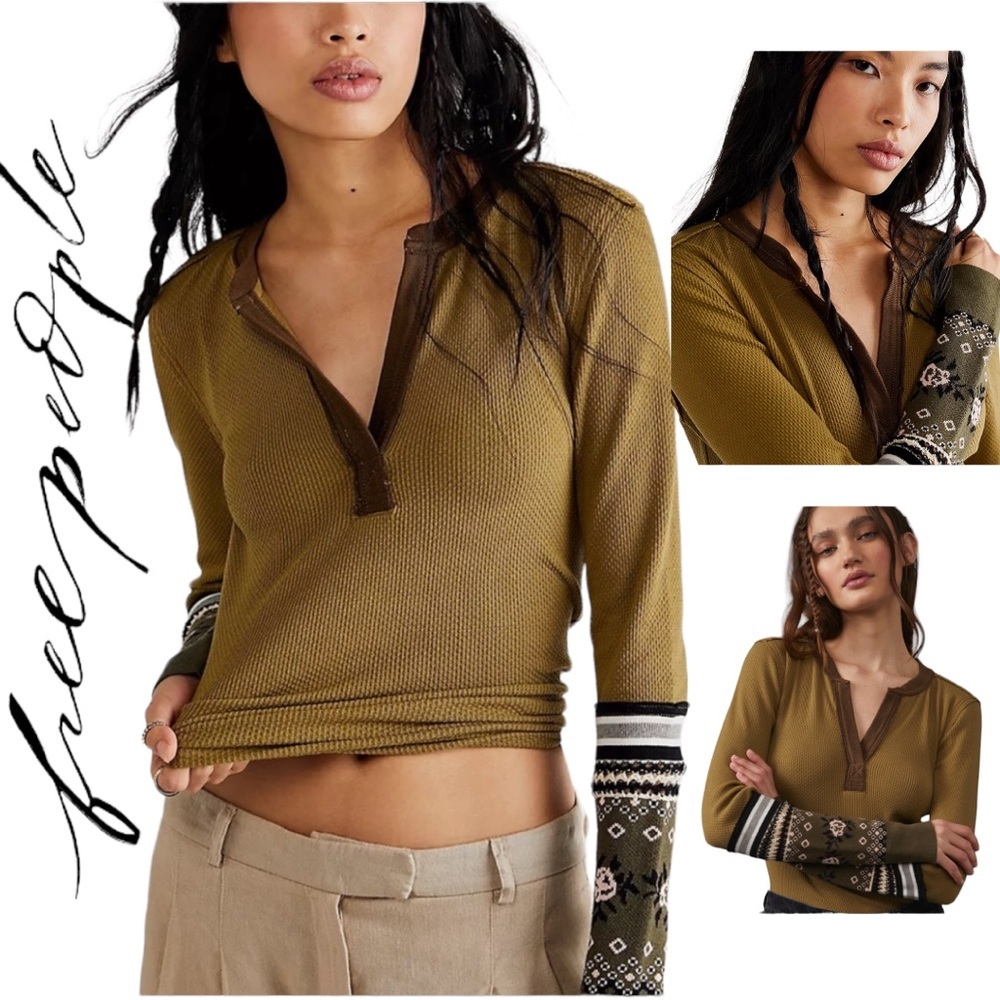 NWT Free People MIKAH LAYERING CUFF ARMY Thermal Long Sleeve Green